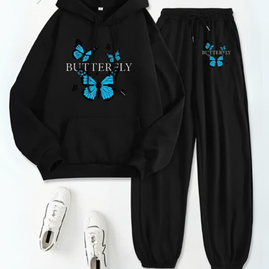Conjunto Moletom Calça Moletom Borboleta Butterfly Azul Minimalista Algodão Feminina