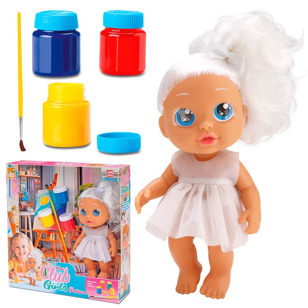 Boneca Articulada Bee Toys Para Pintar Mini Club Girls Pintura Com Kit Pintura e Tintas Laváveis