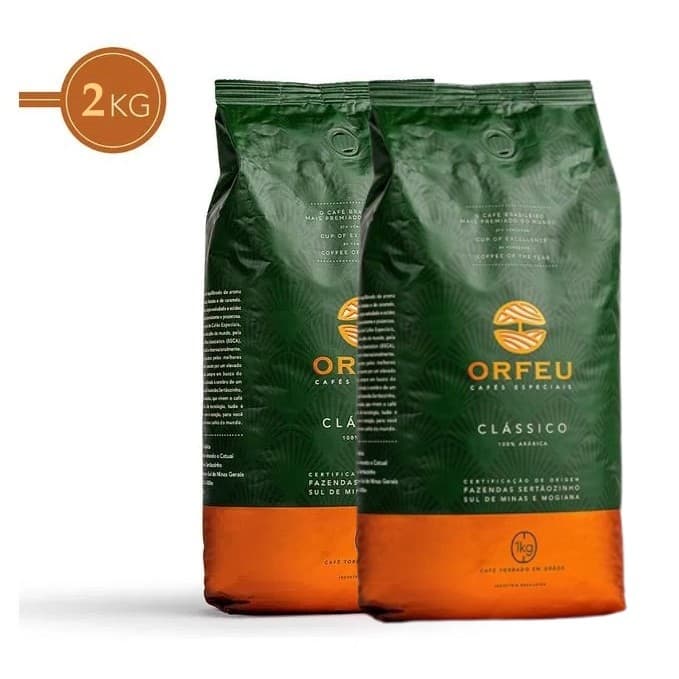 Kit Café Torrado em grãos 2kg Clássico Orfeu Café Brasileiro + Premiado do Mundo