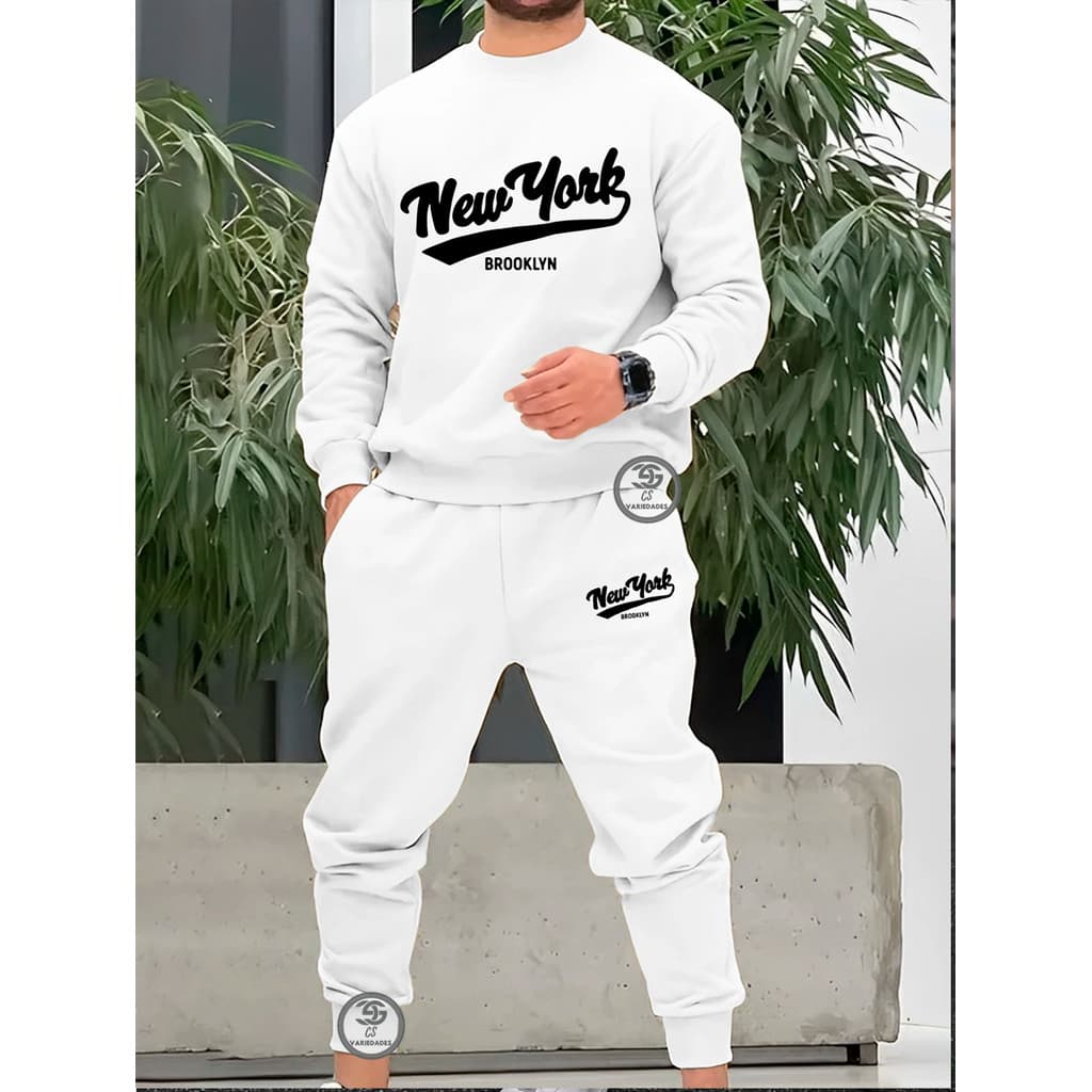 Conjunto de moletom Brooklyn New York Usa Streetwear Gola redonda casual unissex Blusa + Calça moletom Peluciado