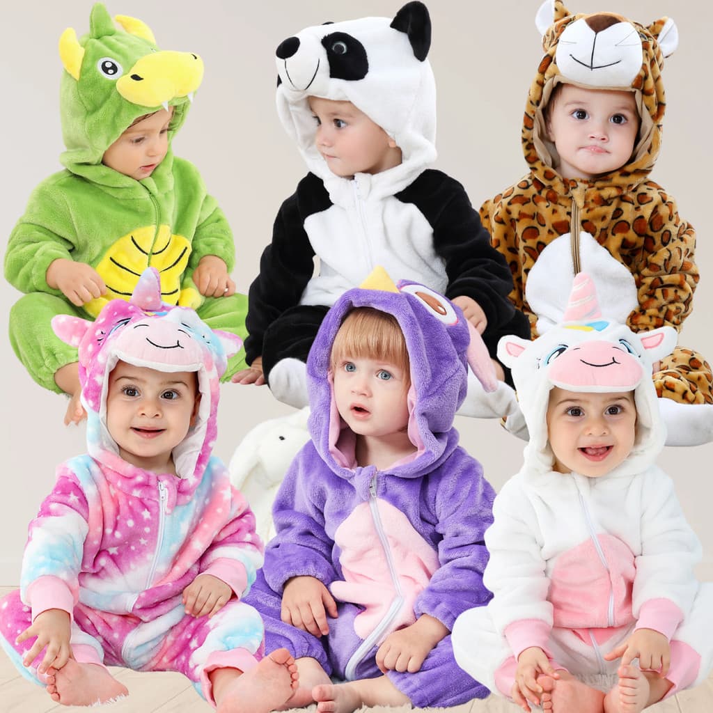 Macacão Infantil Quentinho  Unissex Plush Luxo Bebê Inverno Kigurumi com Capuz Zíper Menino Menina
