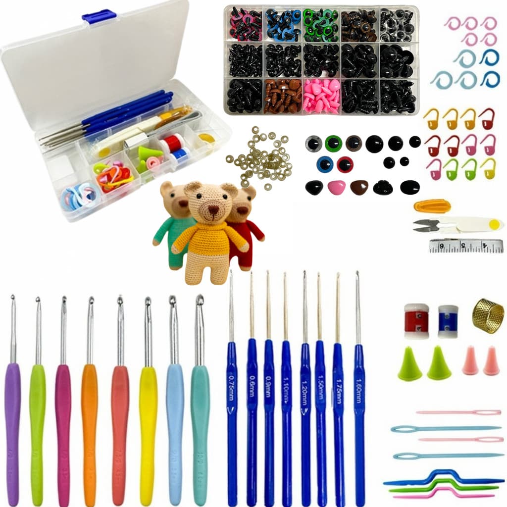 kit Croche Amigurumi Completo 16 Agulhas 0.6 a 5.5 Olho Fucinho Ursinho Boneca Pelucia Acessorios e Estojo