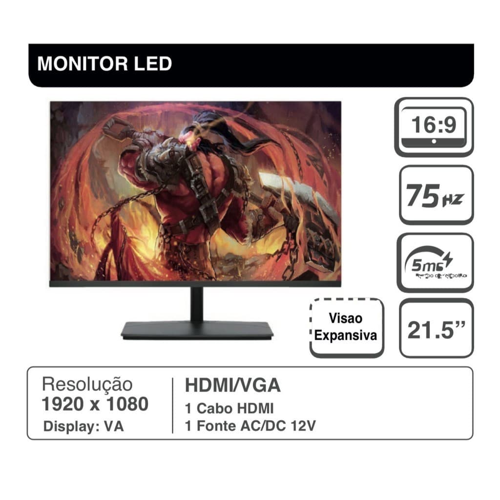 Monitor Gamer 21,5'' 75Hz Full HD Led 1920x1080 5ms Full HD Tela AV HDMI VGA