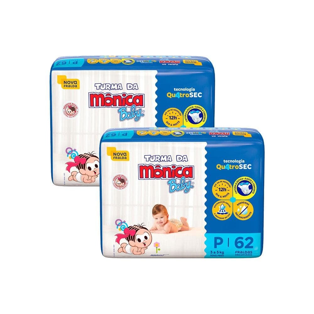 Kit 2 Fraldas Turma da Mônica Baby Mega P com 62un cada