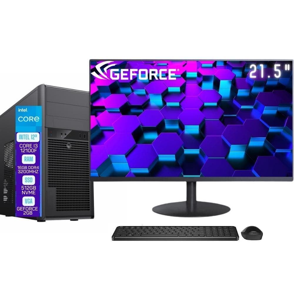 Computador Completo Skill Pro Intel Core i3 12100F 16GB DDR4 Geforce 2GB SSD 512GB Monitor 21.5" LED SP-080