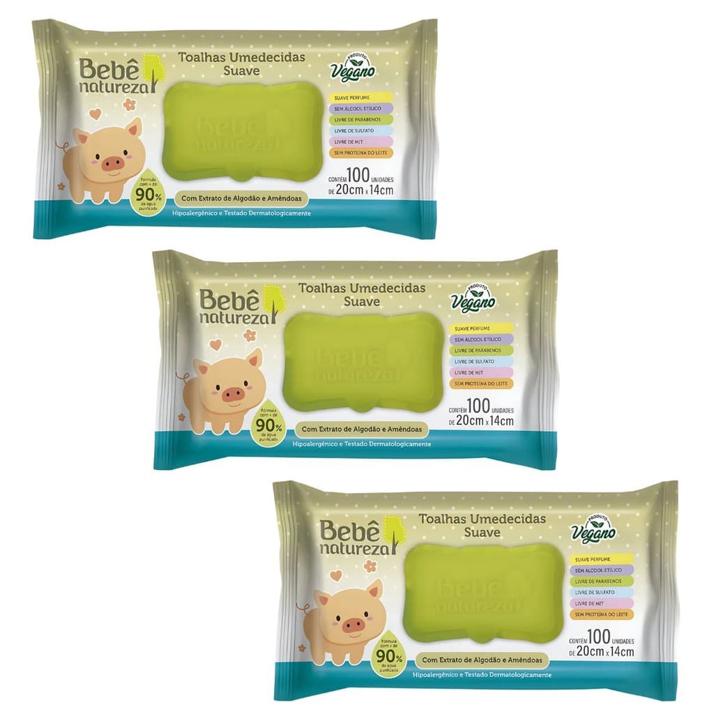 Kit 3 Pacotes Com 100 Toalhas Umedecidas  Suave Bebê Natureza 300 Lenços Umedecidos