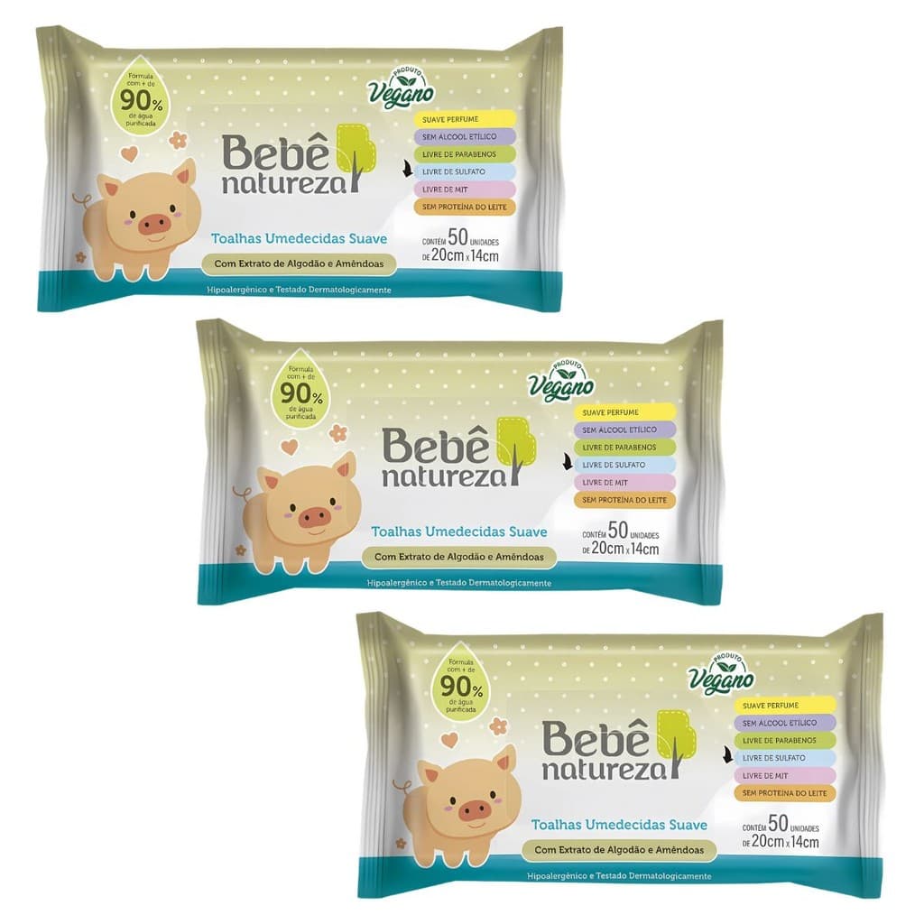 Kit 3 Pacotes Com 50 Toalhas Umedecidas Suave Bebê Natureza 150 Lenços Umedecidos