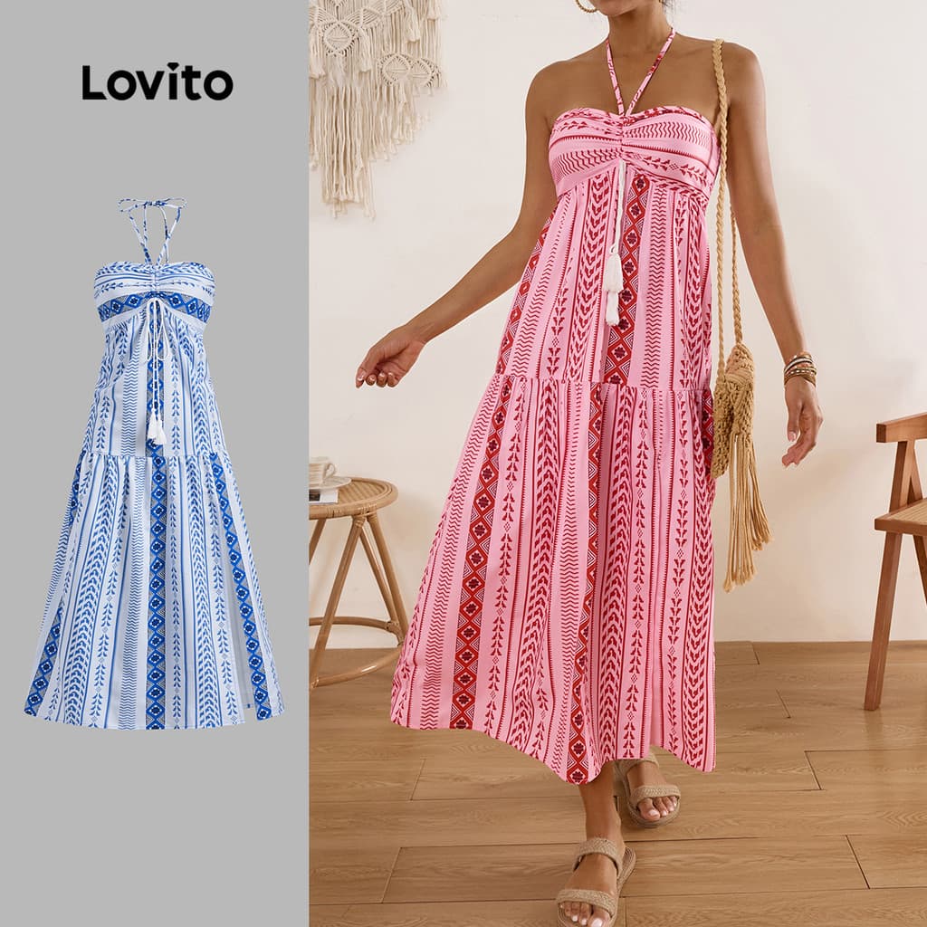 Lovito Vestido Boho De Verão/primavera Praia Longo Com Estampa Tribal E Franjas Para Mulheres LBL17610