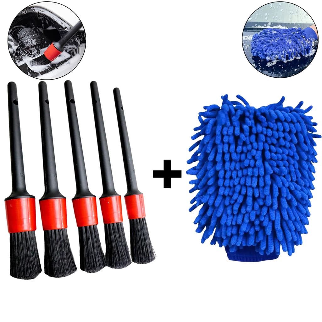 Kit 5pcs Pincel De Detalhamento Automotivo Multifuncional Limpeza Carro Escova + Luva De Microfibra