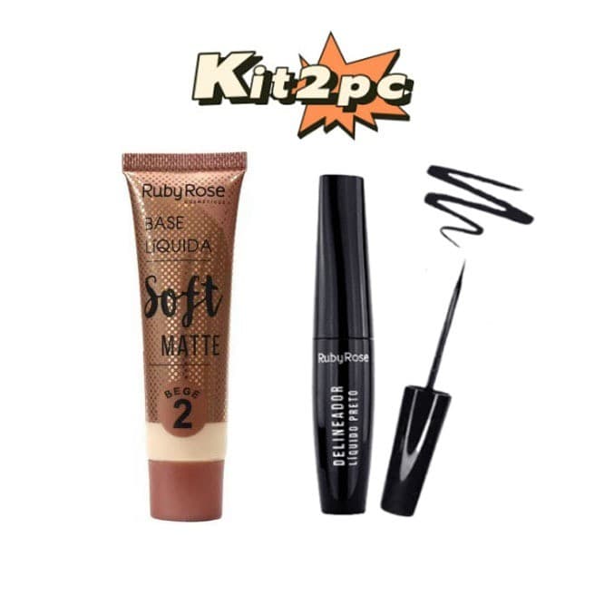 Kit /Base Líquida Soft Matte Bege HB-8050 + DELINEADOR LIQUIDO PRETO Ruby Rose HB8406