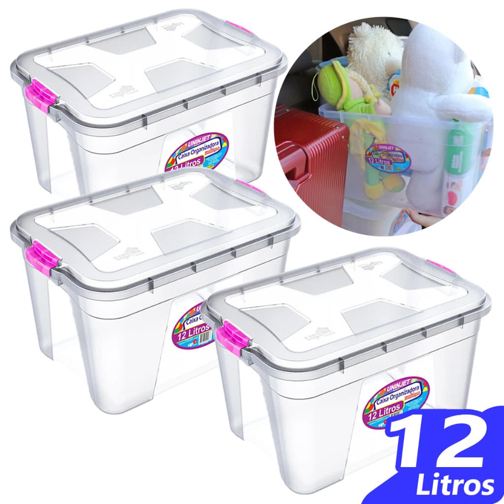 Kit 3 Caixas Organizador 12 Litros Multiuso Tampa e Trava Cesto Organizadoras banheiro roupas brinquedos