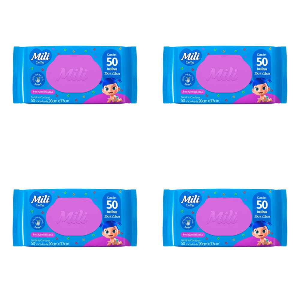 Kit 4 Lenços Umedecidos Bebê Mili Baby c/ 50 unidades cada - Toalha Umedecida Bebê