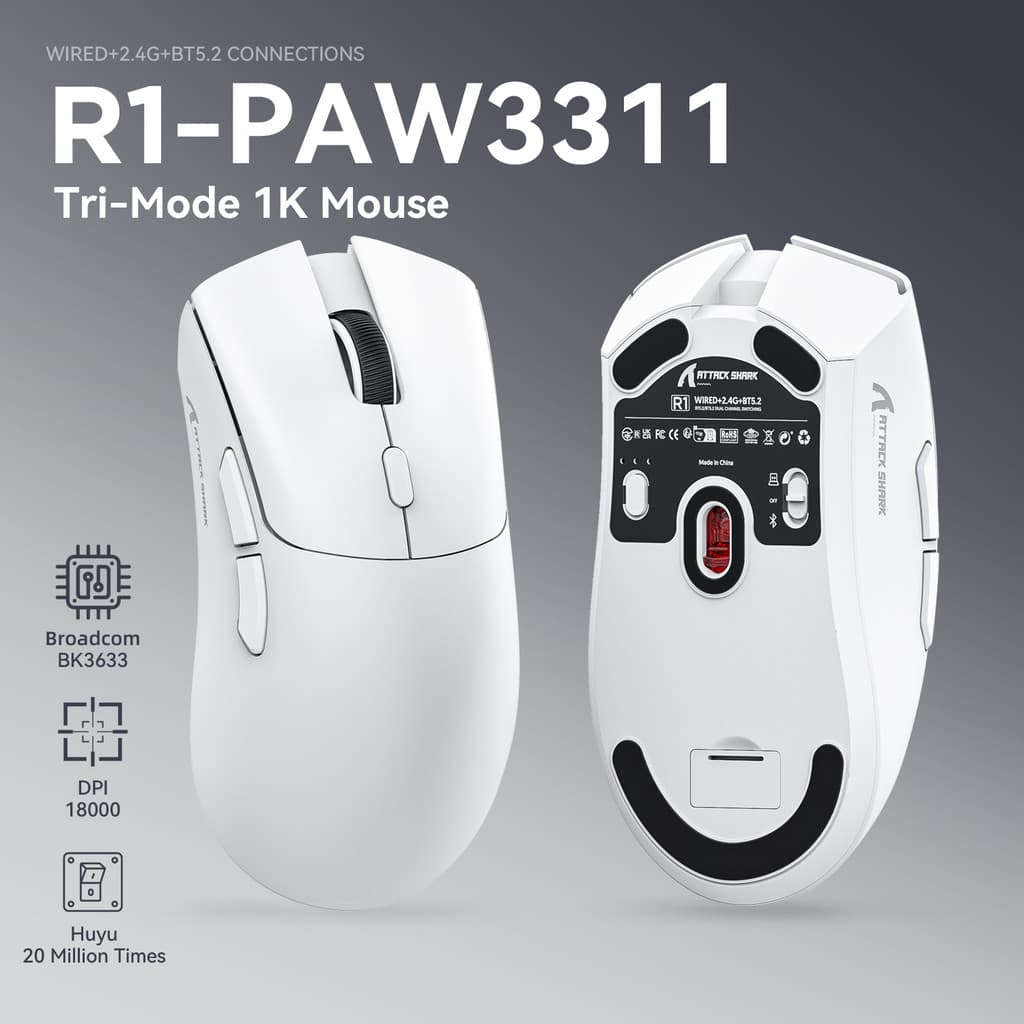 Mouse Gamer Sem Fio Attack Shark R1 Ultra Leve, Tri-Modo, 18000DPI, PAW3311, 400IPS, 40G, 59g, 65H, 20 Milhões de
