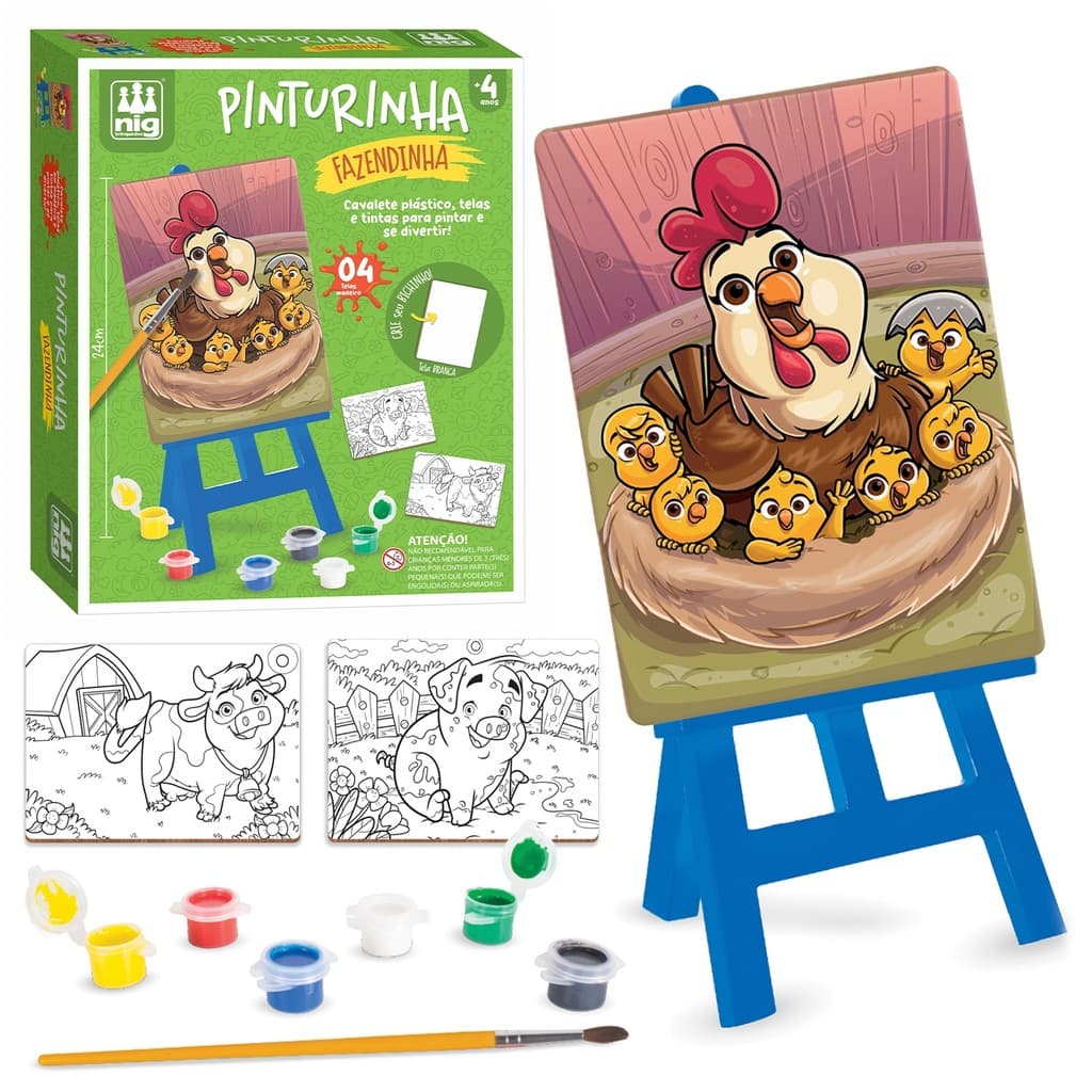 Brinquedo Educativo Nig Brinquedos Infantil Kit Pinturinha Fazendinha Com Tintas E Cavalete