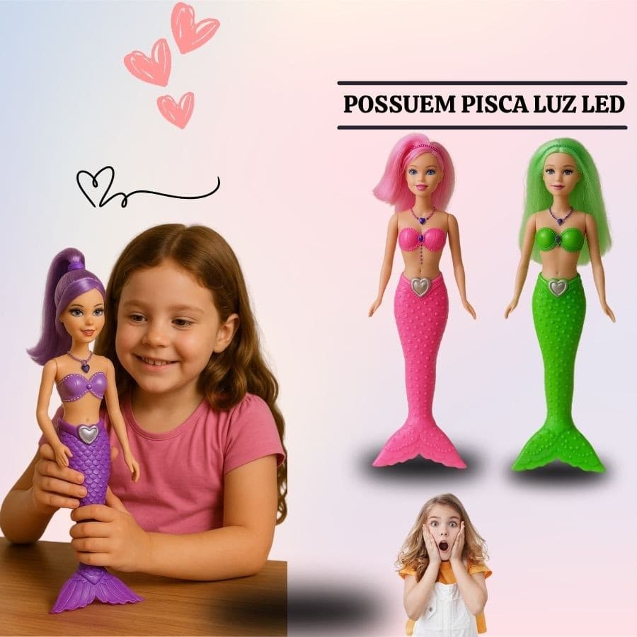 Boneca Princesa The Mini Mermaids Brinquedo Menina Sereia Com Luz Articulada Com Cauda
