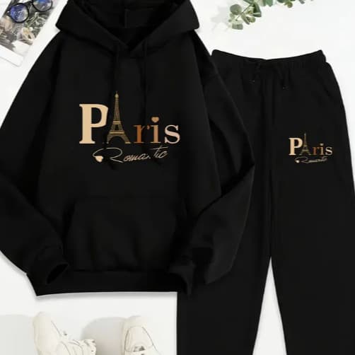 Conjunto Moletom Calça Moletom Bolsos Capuz Paris Vintage Moda Inverno Algodão Unissex Casual