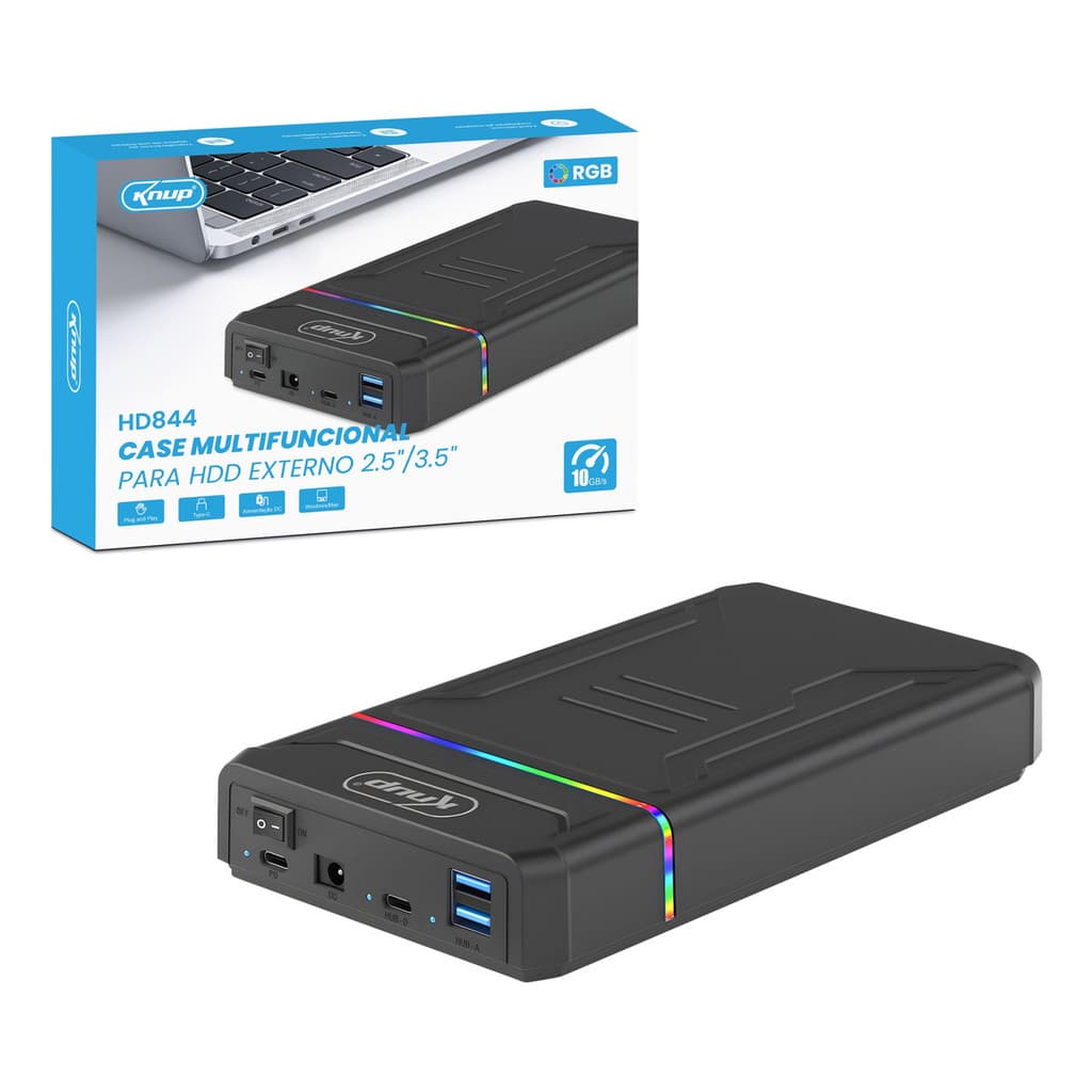Case RGB Multifuncional Para Hdd/SSD/M.2 NVME Externo 2,5/3,5" Com Fonte KNUP