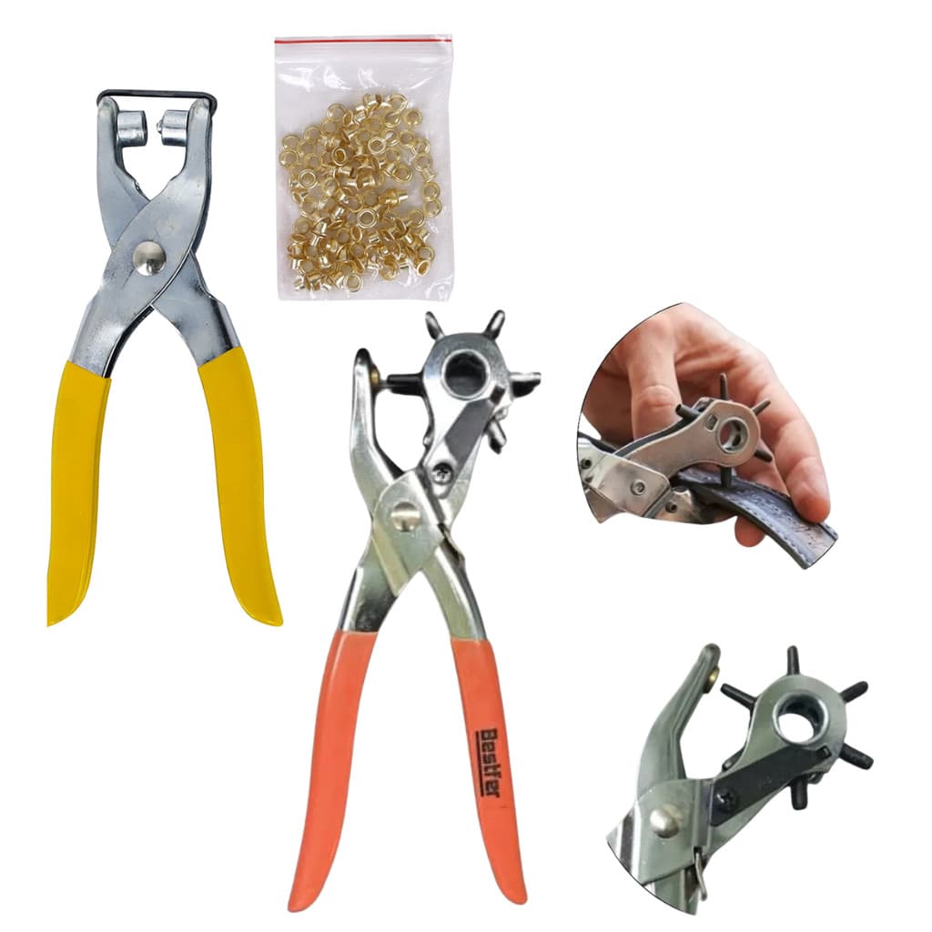 Alicate Para Ilhós Manual + Vazador 6 Furos p/ Couro Cinto Chinelo Artesanato Kit Completo