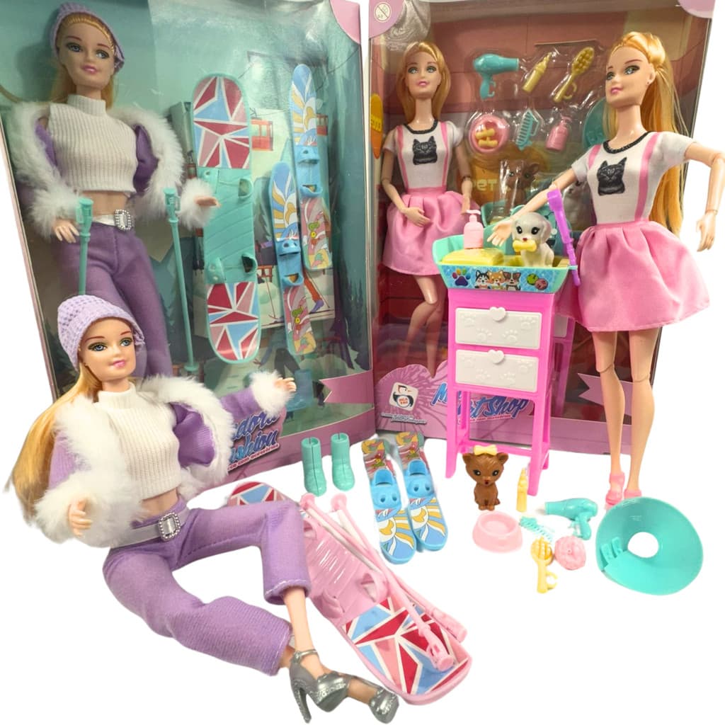 Boneca Articulada Com Acessórios Brinquedo Infantil Fashion Moda Profissão Esquiadora Ou Pet Shop