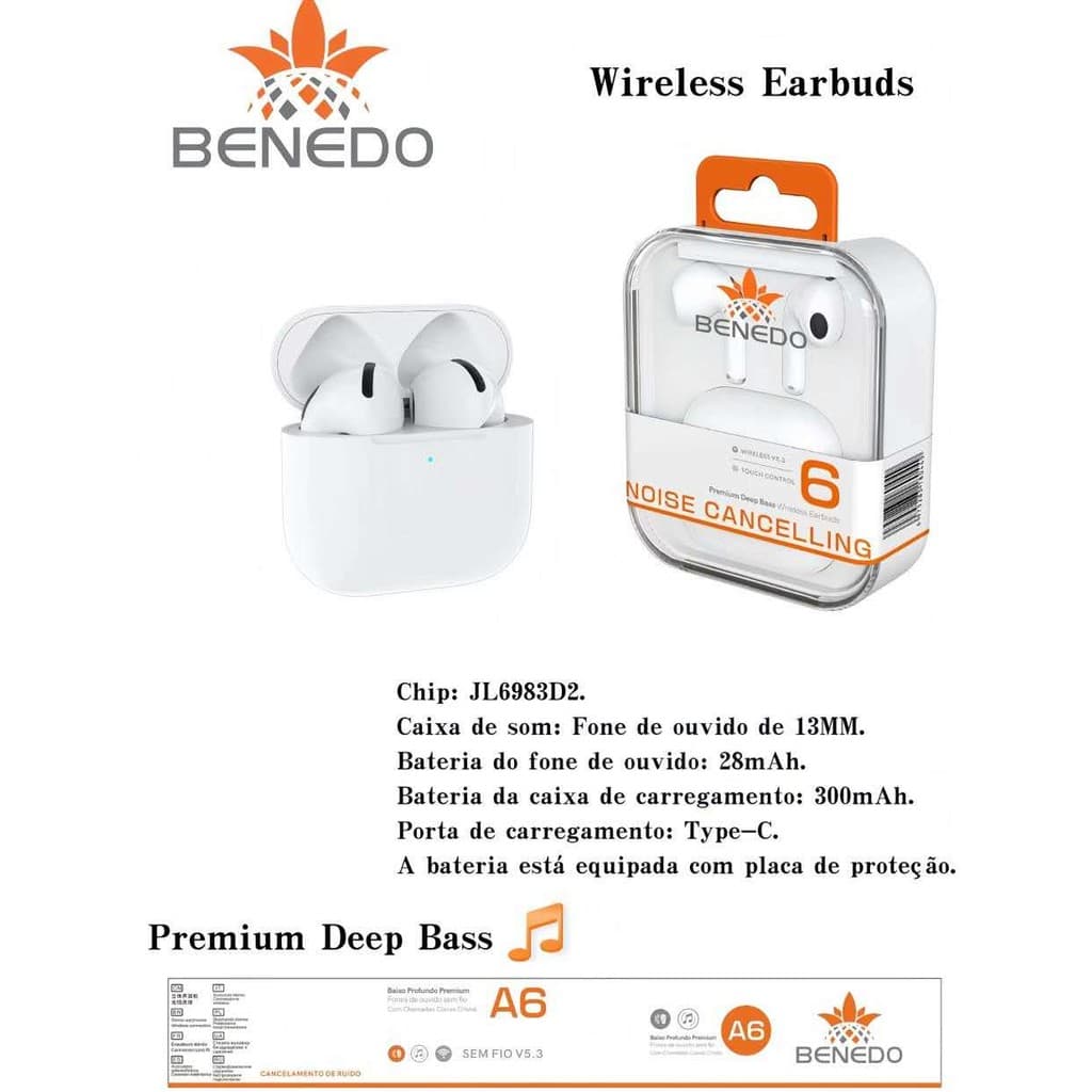 Fone De Ouvido Benedo A6 Graves altos sem borracha Bluetooth 5.3 Inteligente sem fio