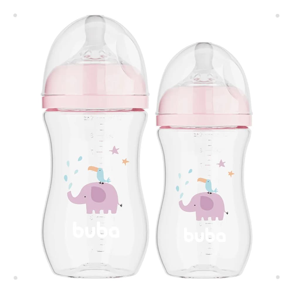 Kit C/ 2 Mamadeiras Easy Flow BUBA 270ml e 330ml Elefante Rosa
