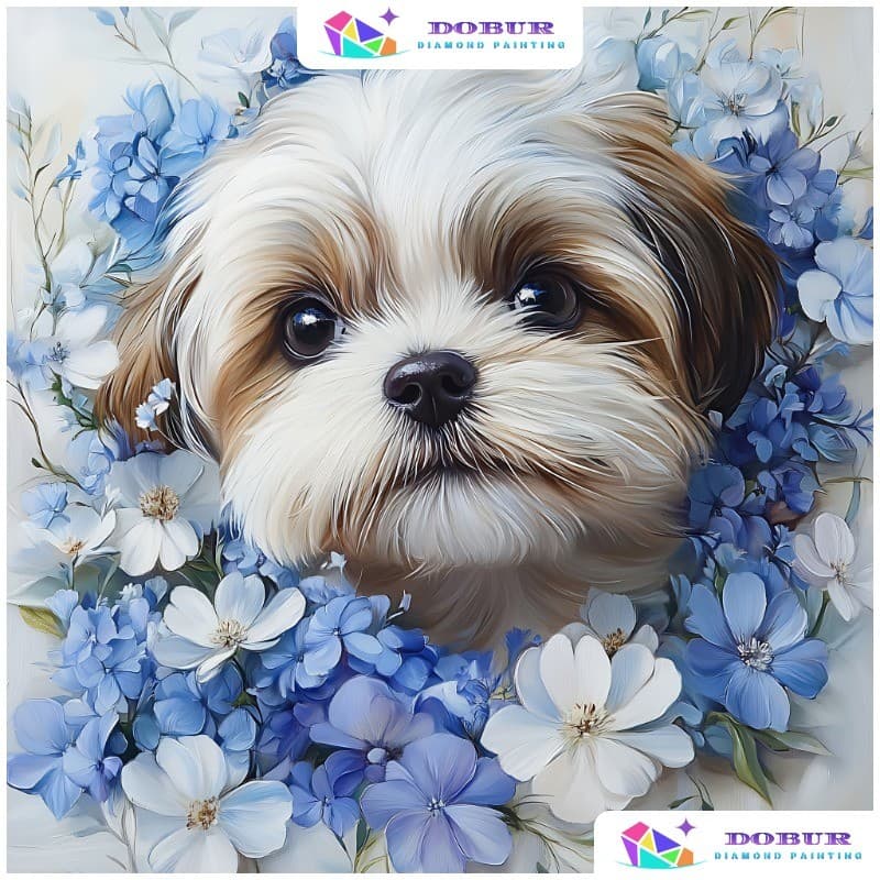 Fan Gao Inspirador DIY 5D Diamond Art Set-Pintura De Diamante Redonda Sem Moldura , Cachorrinho Fofo Com Flores Azuis , 