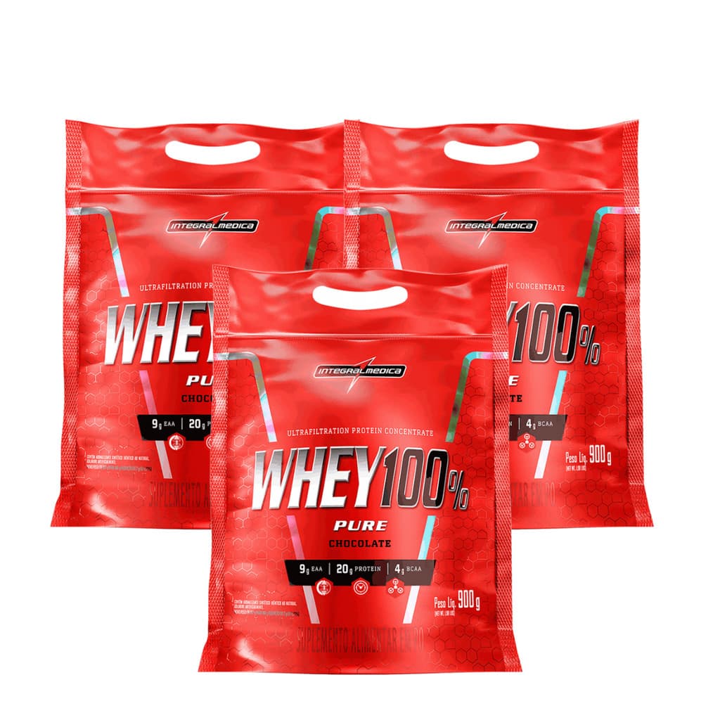 Kit 3 Whey Protein 100% Puro Chocolate 900g - Integralmédica