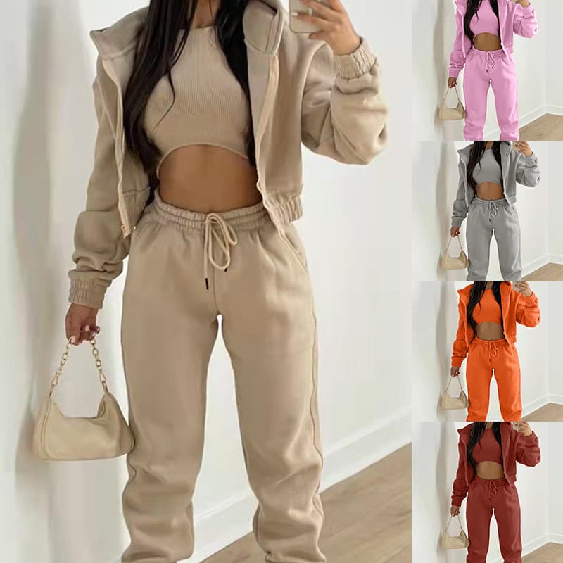 Conjunto Feminino de Três Peças: Moletom com Capuz e Calças de Moletom, Roupa de Inverno Fashionável e Casual