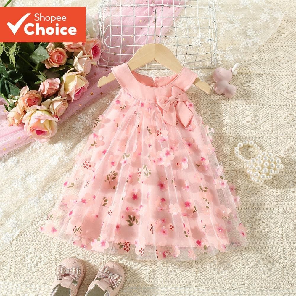 Adorável Vestido Infantil Feminino Sem Mangas Rosa Com Estampa Floral , Perfeito Para Festas E Uso Diário