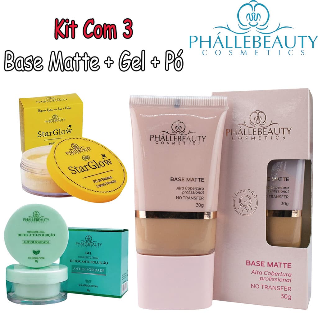 Kit Phállebeauty – Base Líquida Matte 30g + Pó Banana PH003 + Gel Antioleosidade PH0560 – Escolha a Cor da Base
