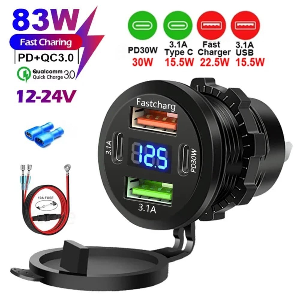 Novo Adaptador Carregador Veicular USB Impermeável de 4 Portas, Tomada de Carregamento Rápido Duplo PD QC 3.0 com Voltím