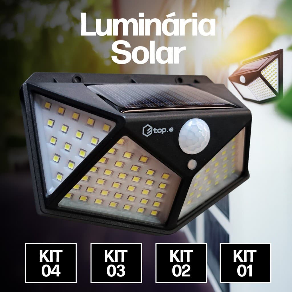 Luminária Solar 100 Leds Parede Sensor De Movimento Prova D'Água Externa Recarregável 3 Modos