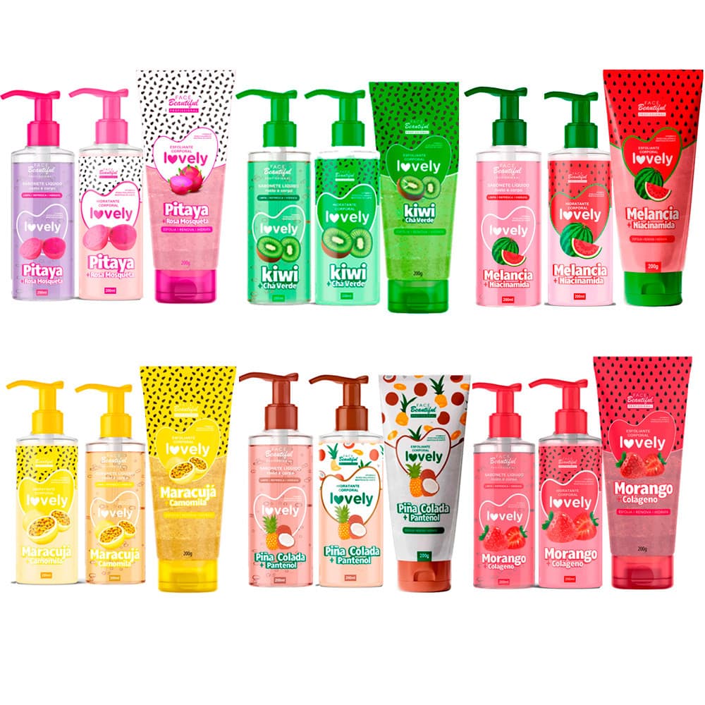 Kit Completo Frutas Tropicais Esfoliante Sabonete e Hidratante Corporal Lovely Face Beautiful