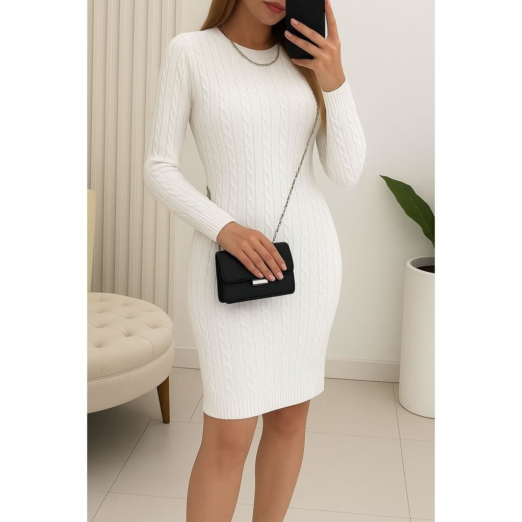 Vestido com Tranças Manga Longa Tricô Modal Inverno