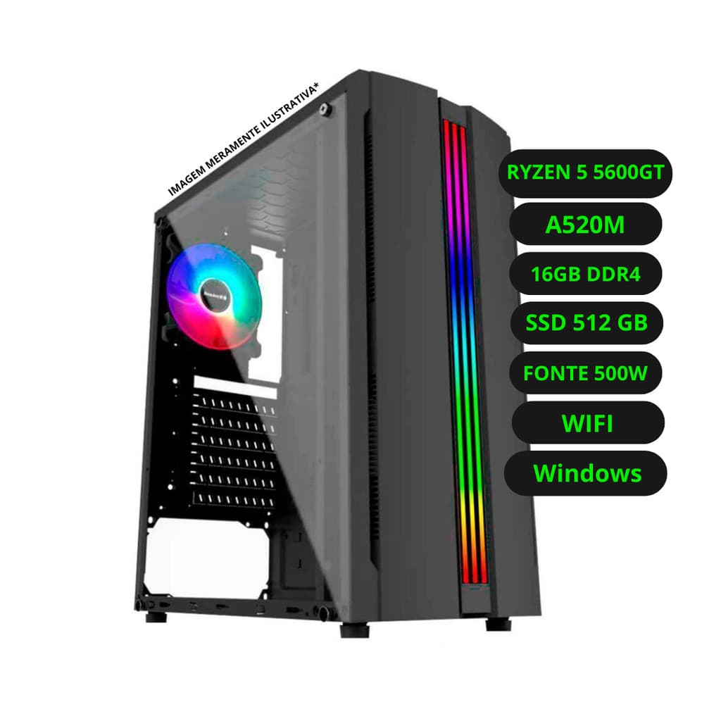 Computador CPU Gamer AMD Ryzen 5 5600GT 16GB DDR4 SSD 512GB Fonte 500w Bivolt Windows