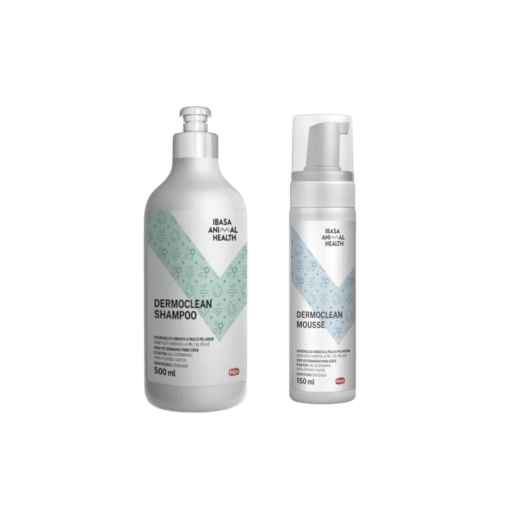 Kit Shampoo 500ml + Mousse Dermoclean Higienizador e Hidratante Pele Sensível Cães e Gatos 150ml Ibasa