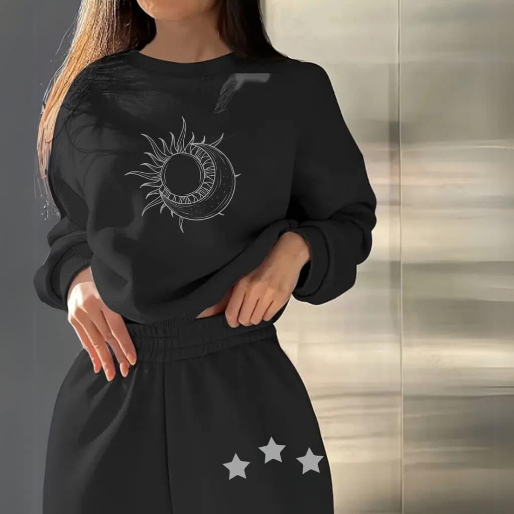 Conjunto Moletom Feminino Casual Lua Sol Minimalista Algodão Confortavel Forrado