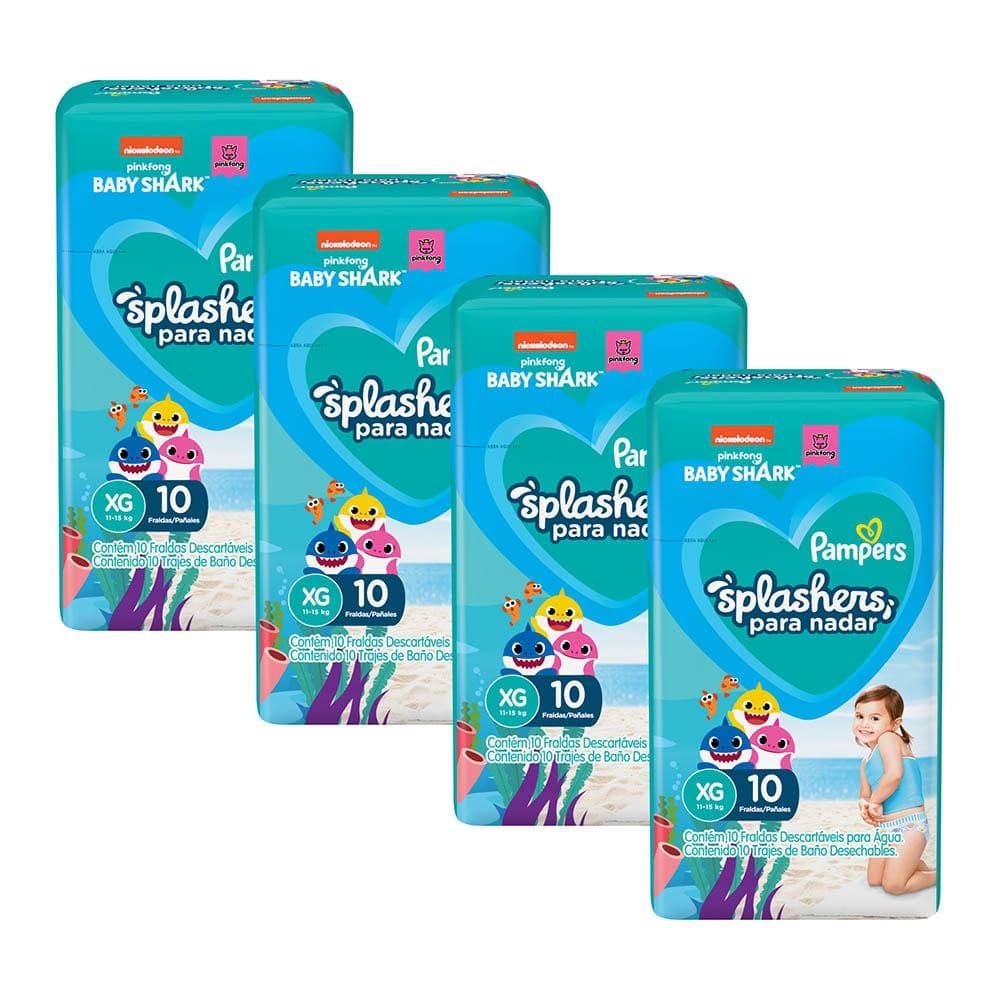Kit 4 Fraldas Pampers para Água Splashers Baby Shark XG com 10un cada
