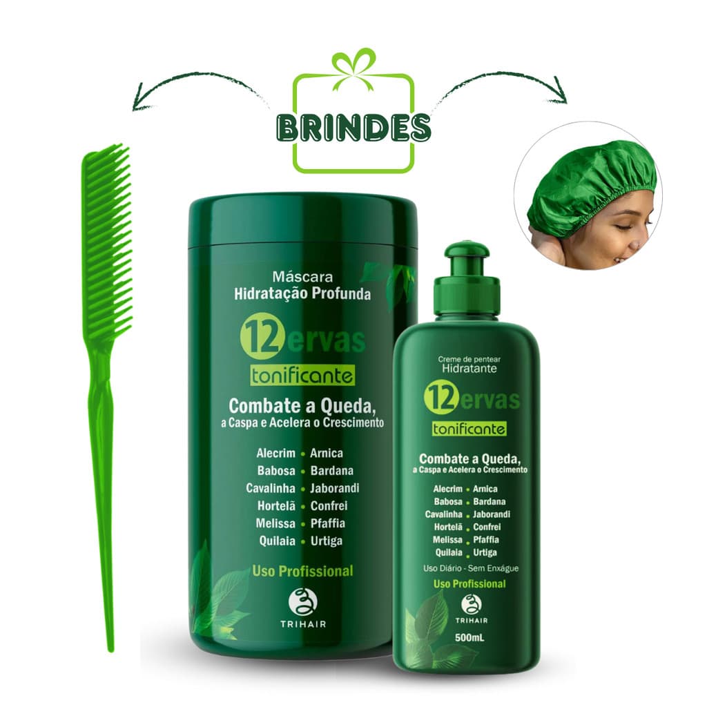 Máscara 12 Ervas Tonificante 1kg + Creme Hidratante 12 Ervas 500ml + BRINDE