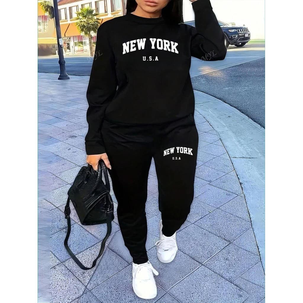 Conjunto de Moletom Casual Feminino com Estampa New York EUA para Outono e Inverno