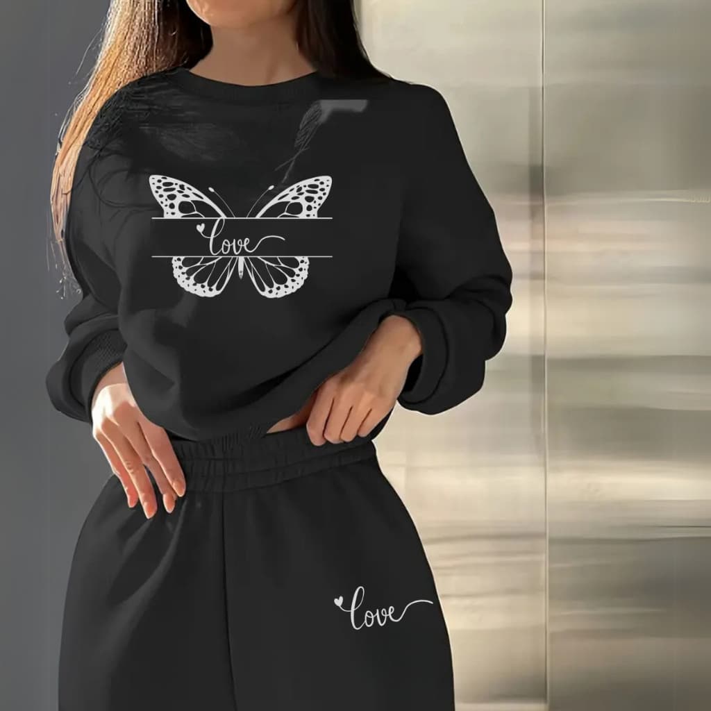 Conjunto Moletom Calça Moletom Feminina Borboleta Love Butterfly Minimalista Algodão Casual
