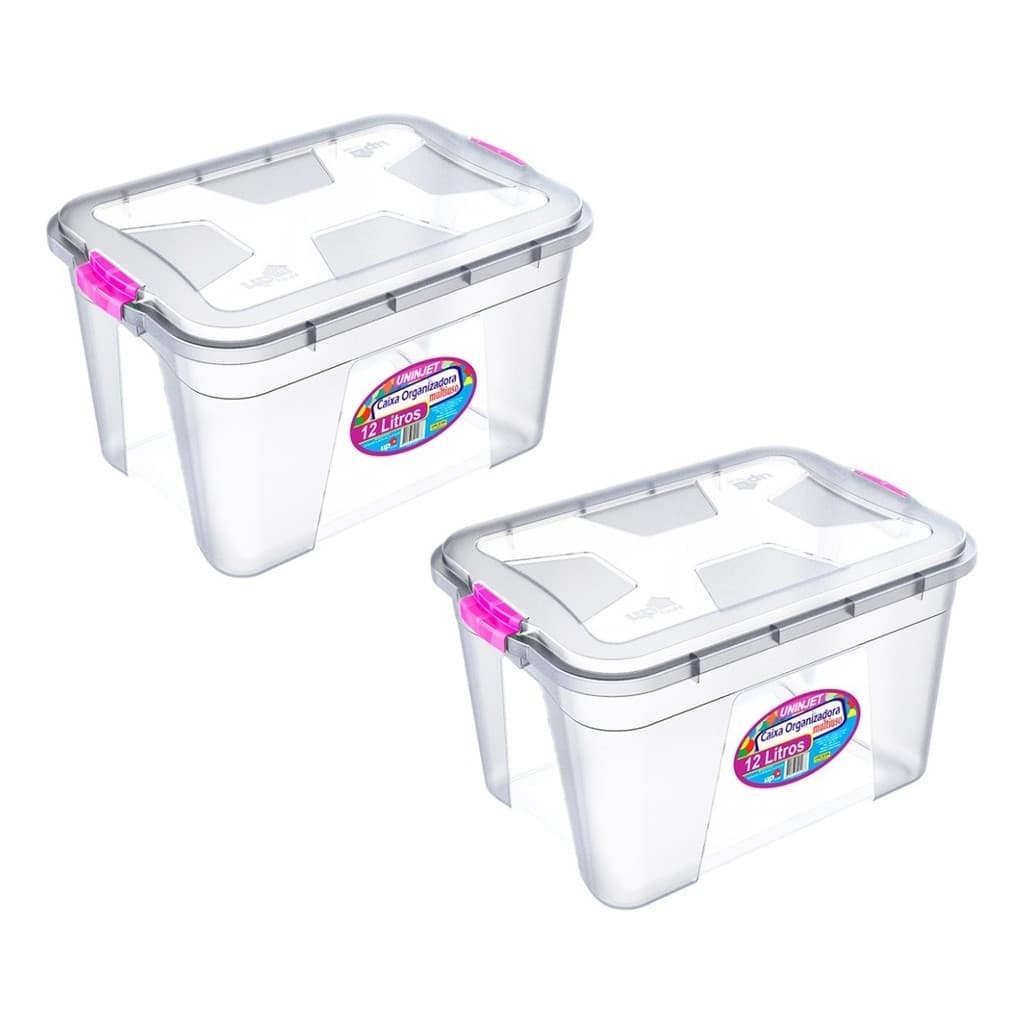 Kit 2 Caixa Plástica 12L com Tampa Transparente Multiuso Organização Quarto Cozinha Banheiro Lavanderia