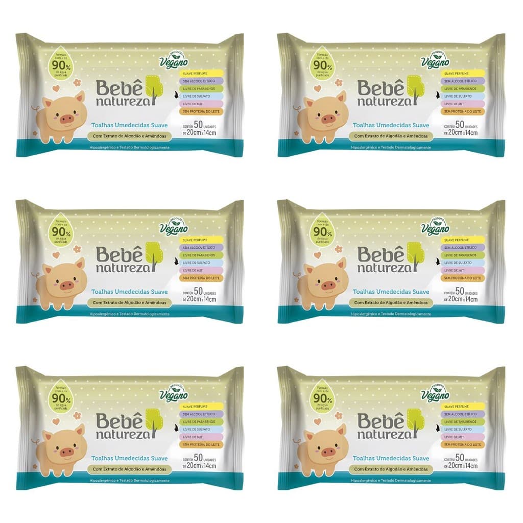 Kit 6 Pacotes Com 50 Toalhas Umedecidas Suave Bebê Natureza 300 Lenços Umedecidos