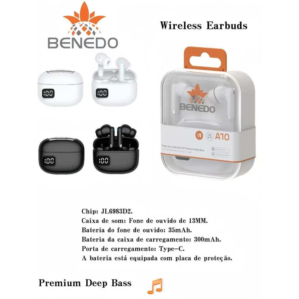 Fone De Ouvido Benedo A10 Graves Altos Inteligente Bluetooth 5.3 sem fio