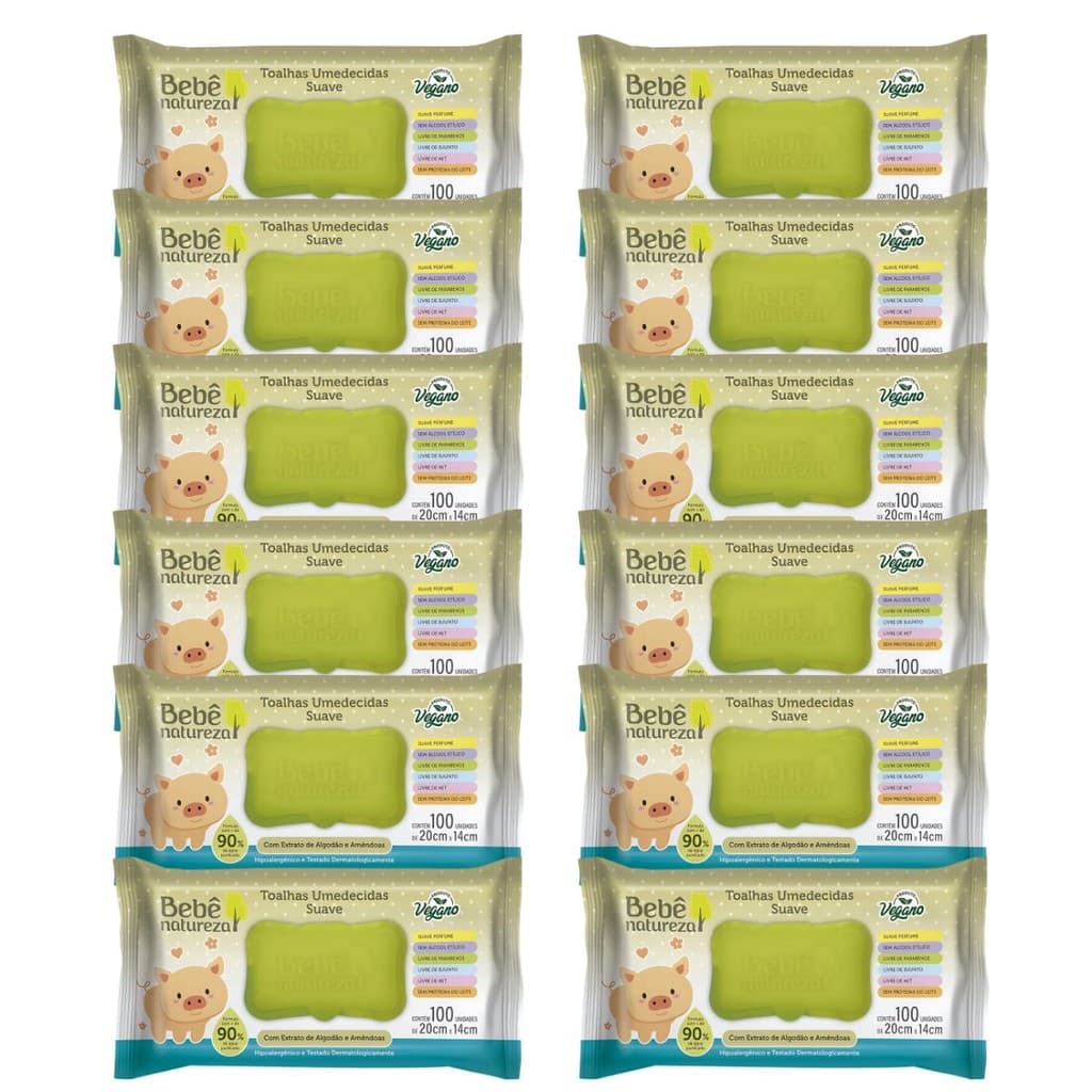 Kit 12 Pacotes Com 100 Toalhas Umedecidas Suave Bebê Natureza 1200 Lenços Umedecidos