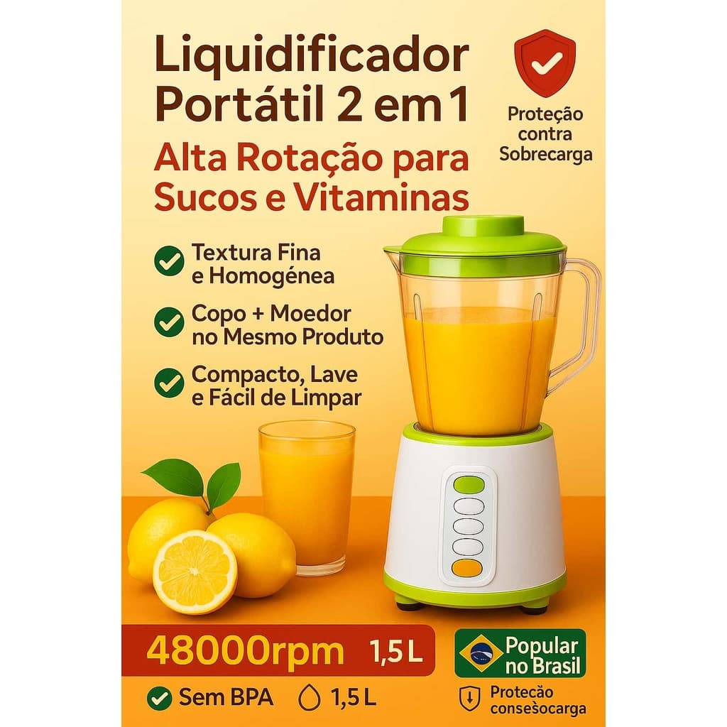 Liquidificador 2 em 1 110V com Copo de Vidro 1,5L 48000rpm Potente Sem BPA
