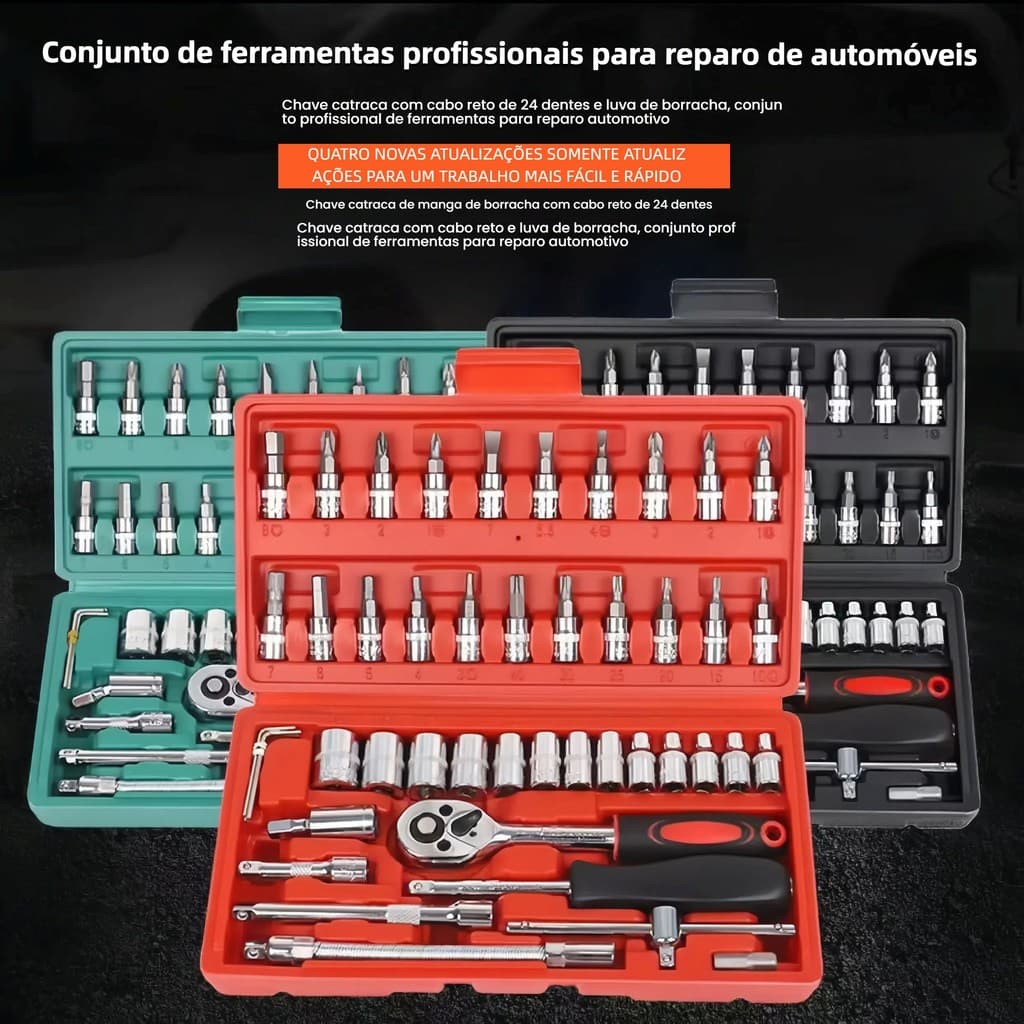 Kit Ferramentas 46 Peças: Soquete, Chave Catraca Dupla Face, Completo para Carros e Motos