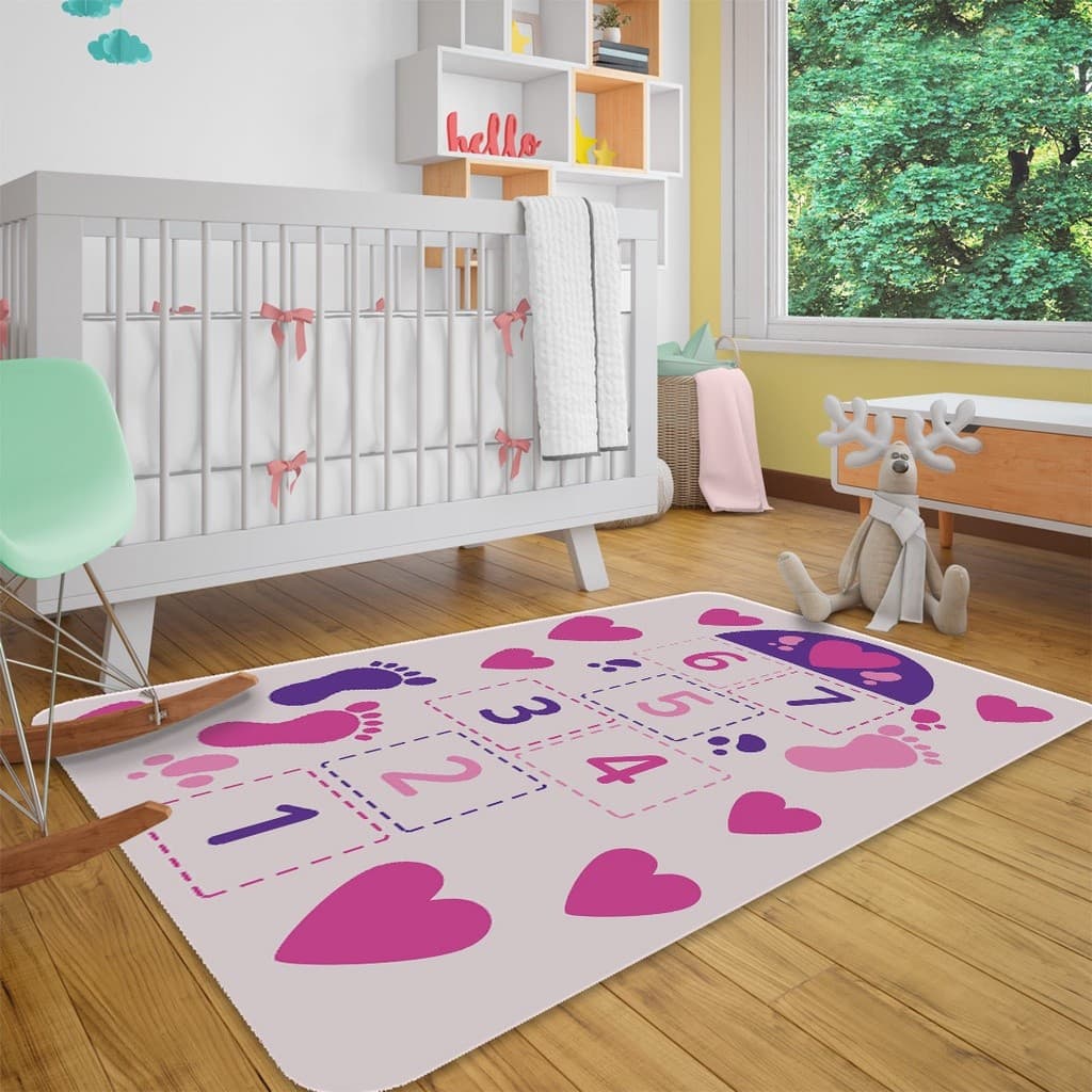 Tapete para Sala infantil 69x118 | Amarelinha, Rosa, Brincadeira | Antiderrapante, Emborrachado