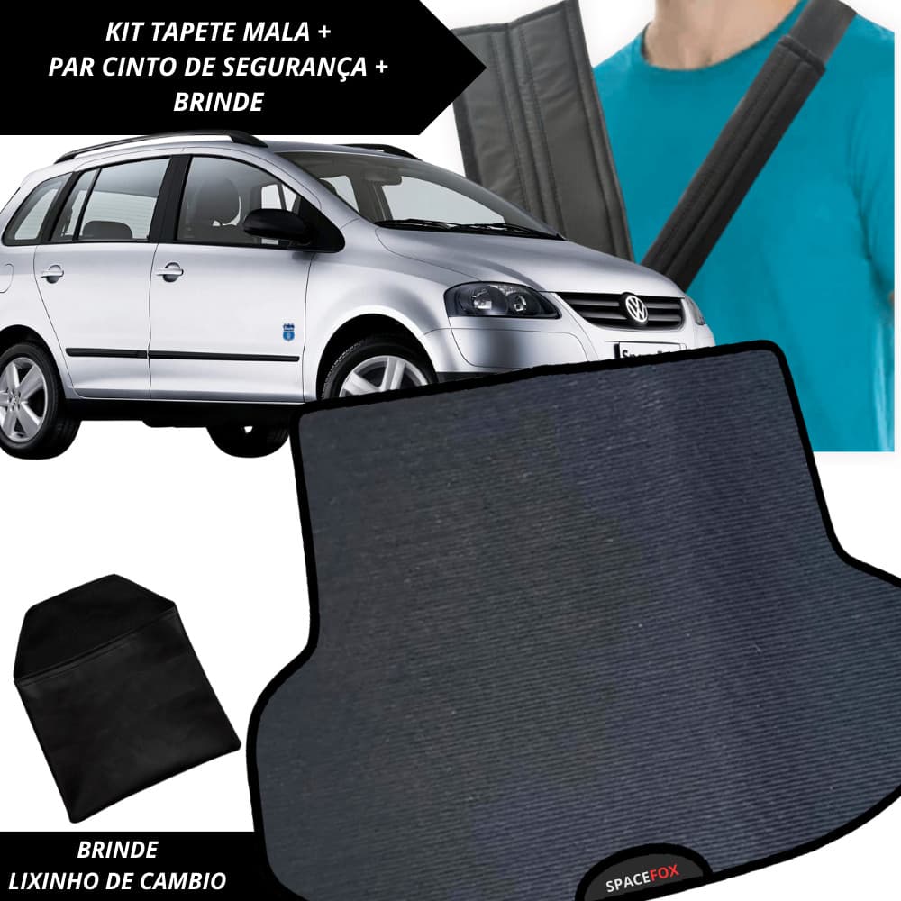 Tapete Emborrachado Porta Malas SpaceFox 2003 a 2014 + 2 Capas Cinto Segurança Acessório Automotivo