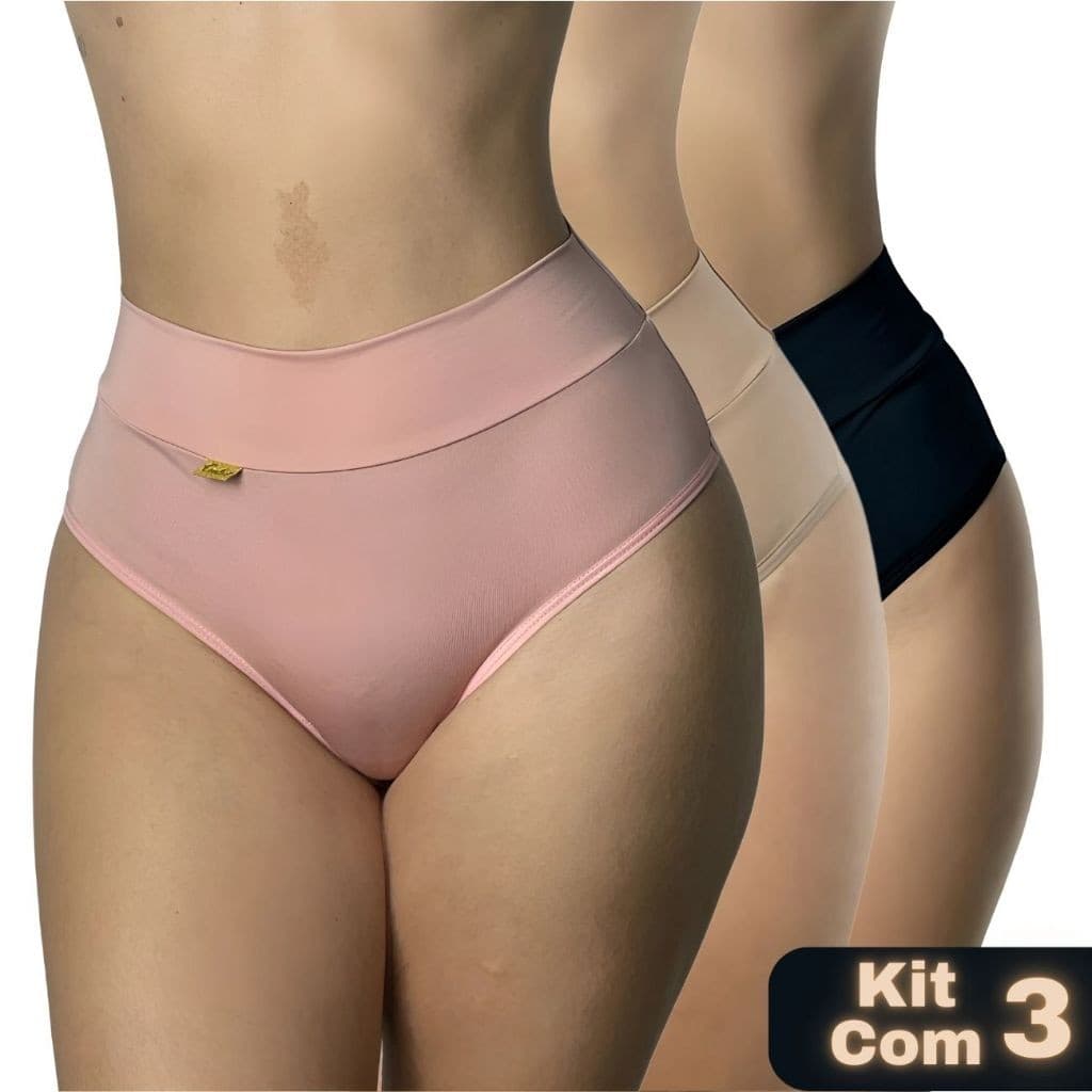 Kit 3 Calcinhas Cintura Alta Cós Duplo Fio Duplo Fitness Segura Barriga Sem Viés no Bum bum